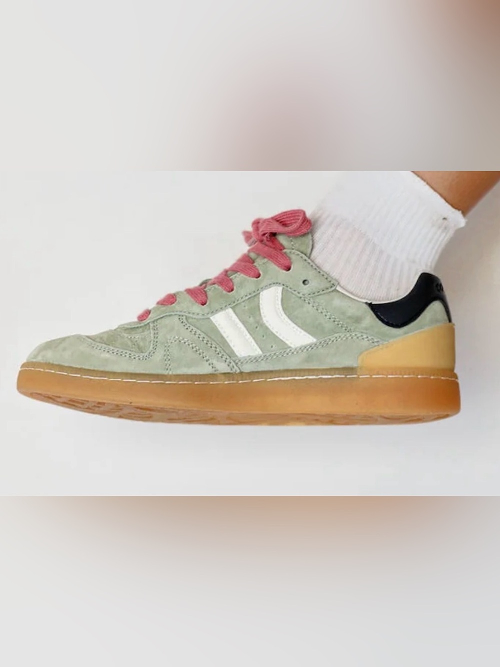 Coolway Women Suede Sneakers in Sage Green with Pink Laces